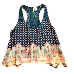 BOHEMIAN Summer Top Sz Large BLUE Racer Back with LACE BACK  EXOTIC BOHO PATTERN
